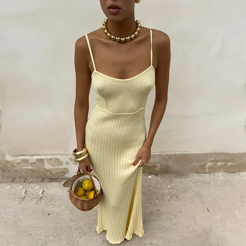 

Tornova Sexy Suspender Knitted Long Dress For Women Vacation Plunge Rib Knitwear Dress Elegany Bodycon Female Clothes 2025 New