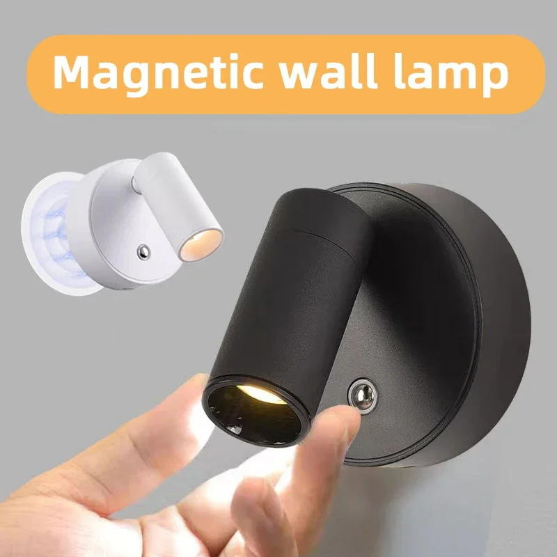 USB Rechargeable LED bedroom Wall Light with Touch Switch Black White Magnet Magnetic base Dimmable for Bedside Study Reading