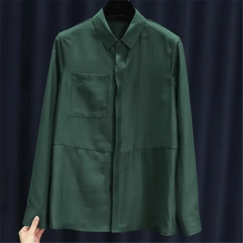 Dark Green Tencel Shirt for Women Autumn High-end Long Sleeve Polo-neck Blouse Pocket Loose Patchwork Tops Office