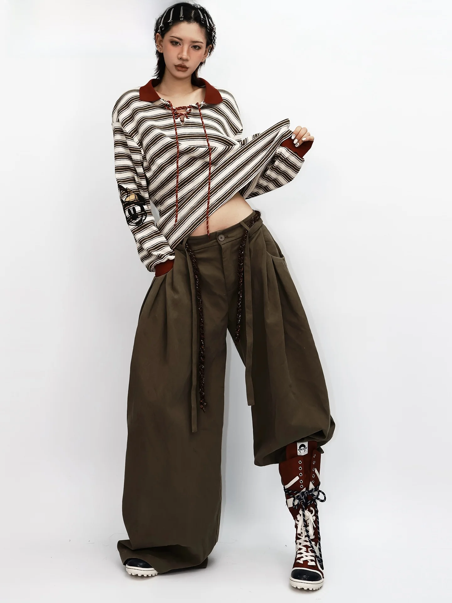 Warm Fleece Lined Casual Pants Women's Loose Slim Wide Leg Street Style Autumn Winter Fashion Trendy Green Wild Fairy Tale