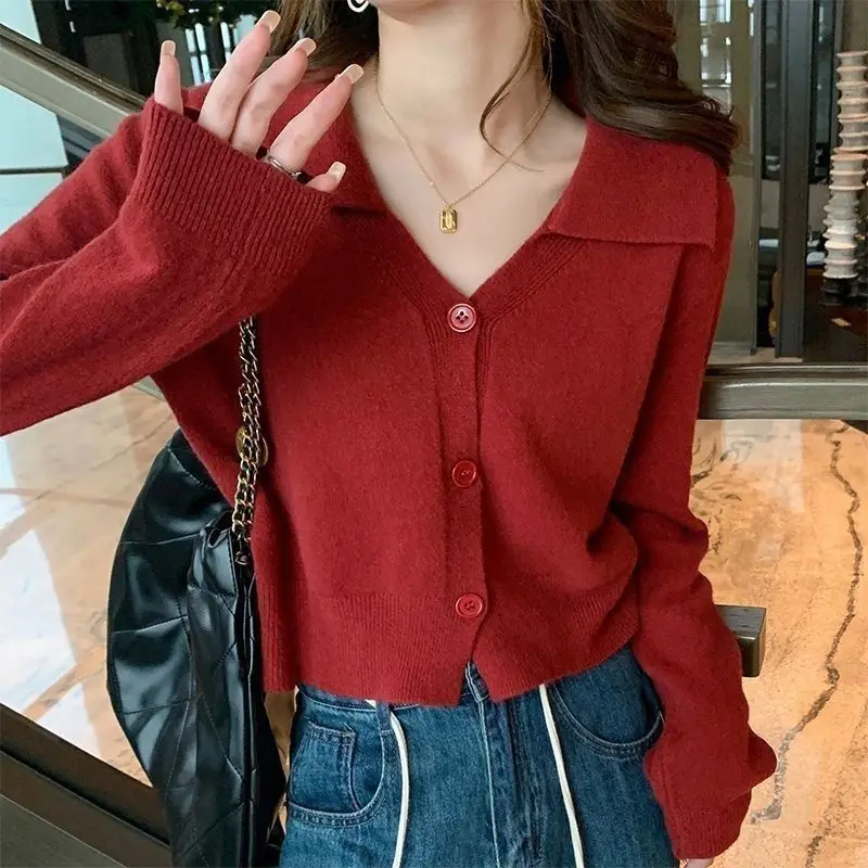 

Knitted Women Sweater Button lapel sweater Spring Autumn Basic Sweaters for Female cardigan Slim Solid Bold Stripes Tops