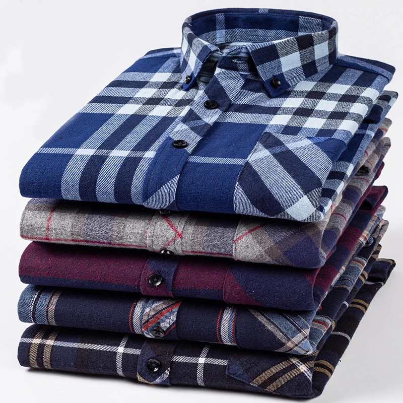 Cotton Mens Checkered Shirts Long Sleeve Soft Plaid Shirt Button Up Regular Fit Leisure Classical Vintage Comfortable Man Tops