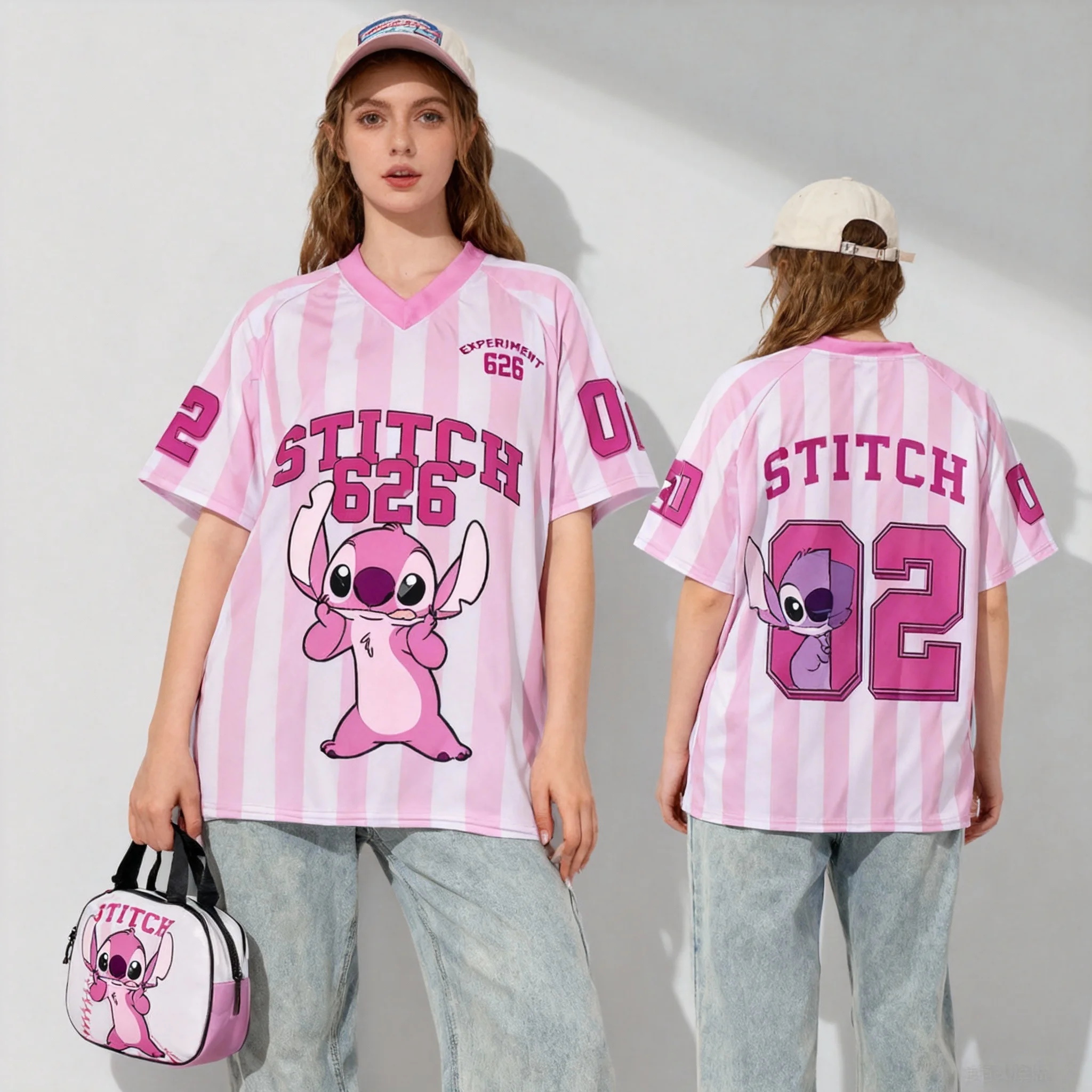 Спортивная рубашка серии Disney Stitch 2026, милая и крутая американская уличная летняя футболка, женский новый топ больших размеров для взрослых