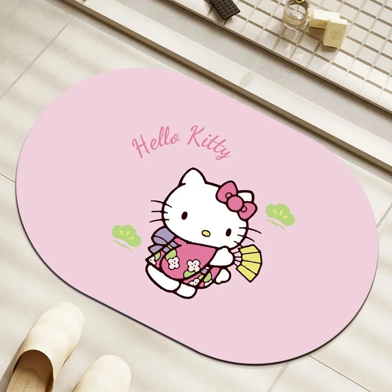Toilet Door Mat Hello Kitty Kimono‑Fan Square Diatomite Mat Sakura Leaf Print Absorbent Rug