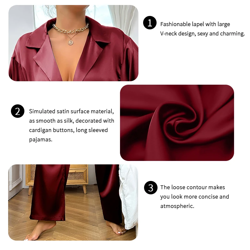 Women\'s Nighty Long Sleeve Buttons Lapel Neck Top With Pants 2 Piece Satin Loungewear Sexy Autumn Lounge Sets Casual Pajama Set