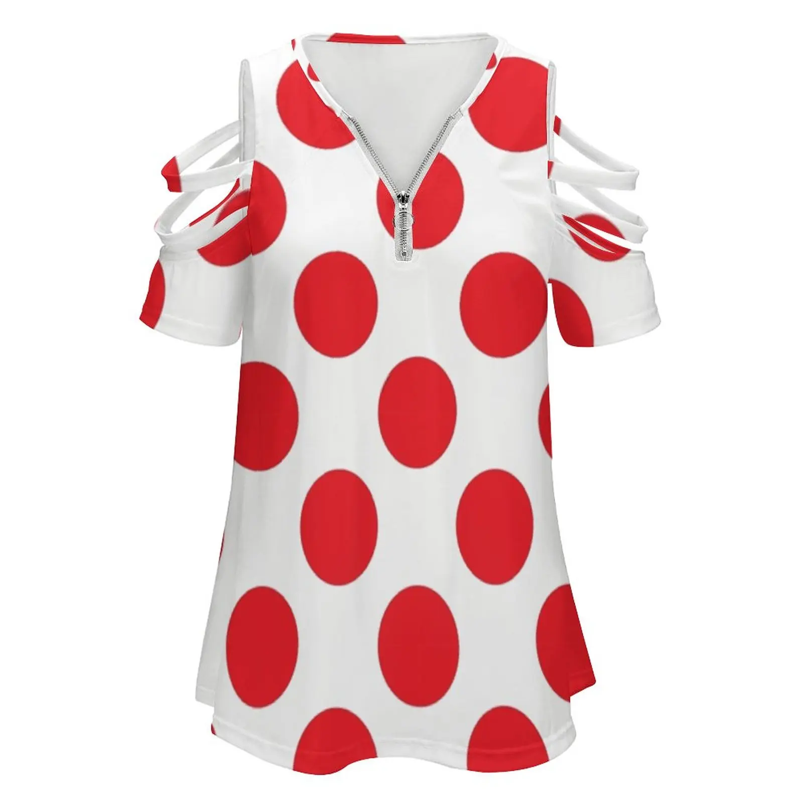 Red Polka Dot Jersey | Pattern Women Zipper Sexy Printed Vintage T Shirts Tops Full Print T-Shirt Polka Dot Red Dots Cycling