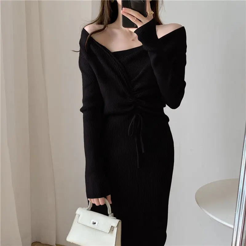 Women\'s Ruched Lace Up Elegant Chic Bodycon Ribbed Knitted Dresses Sexy V Neck Long Sleeve Solid Split Midi Dress Party Vestidos