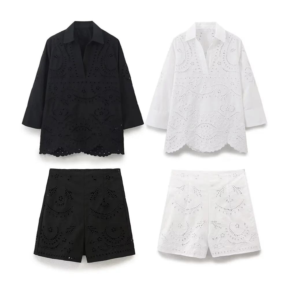 TRAF 2024 Summer New Product Women\'s Flip Collar Long Sleeve Embroidered Poplin Shirt Hollow out Casual High Waist Shorts Set