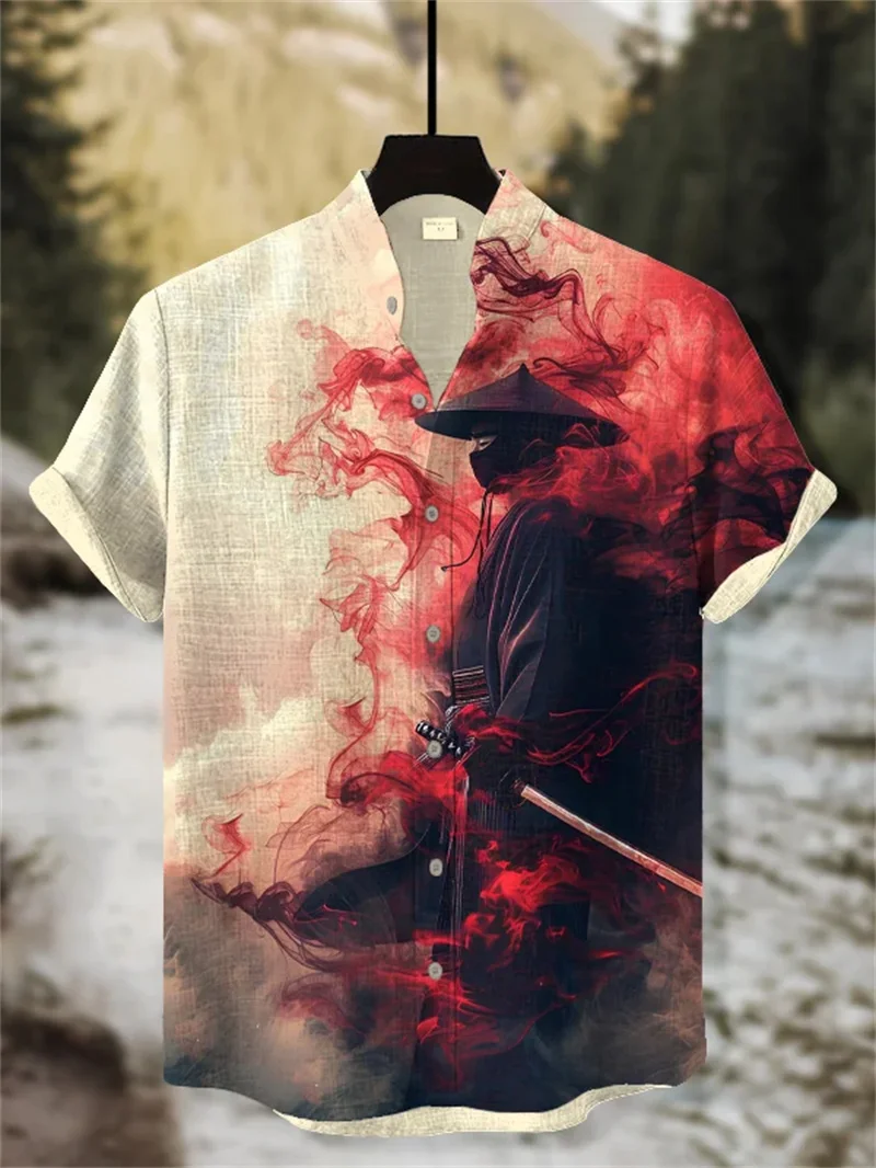 

Новая мужская рубашка с короткими рукавами и самурайским принтом, льняной повседневный топ, модная гавайская рубашка в стиле ретро