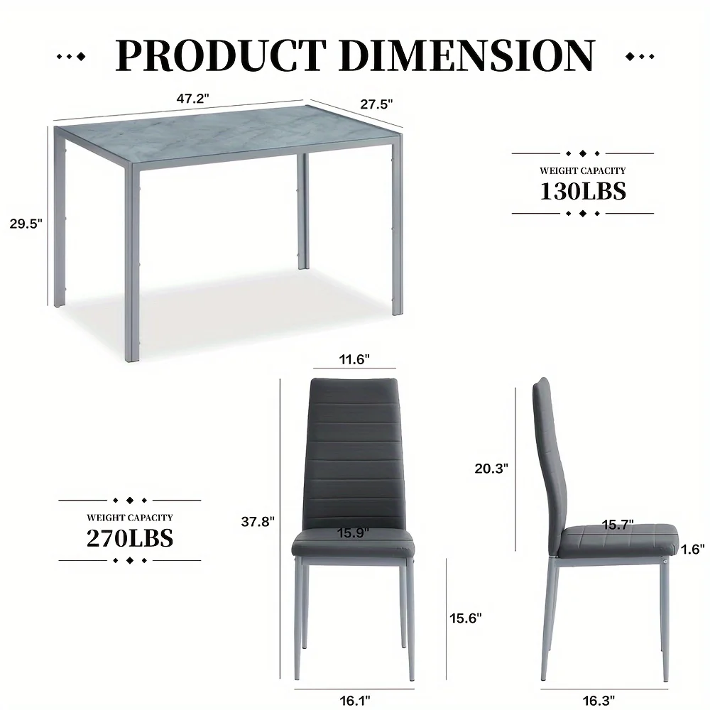 5pcs Modern Space-Saving Dining Table Set with Tempered Glass Tabletop & 4 Upholstered Chairs - Glass/Metal Kitchen Table and Chairs for Small Spaces, Apartment, for dinette, Easy Assembly, Non-Wood (Table & 4 Chairs)