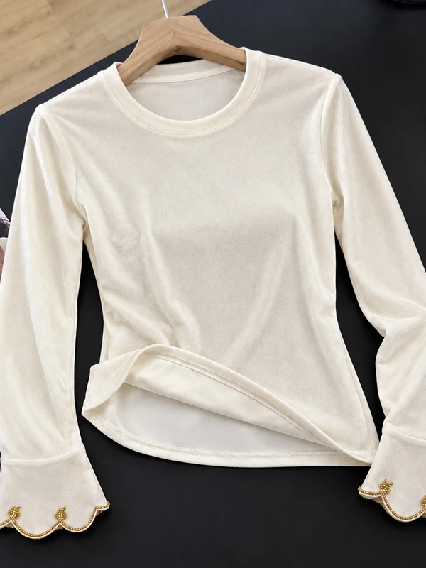Velvet Long Sleeve Women's Base Shirt Beaded Inner Wear Chinese Style Fashionable Autumn Winter New Arrival Versatile T-Shirt