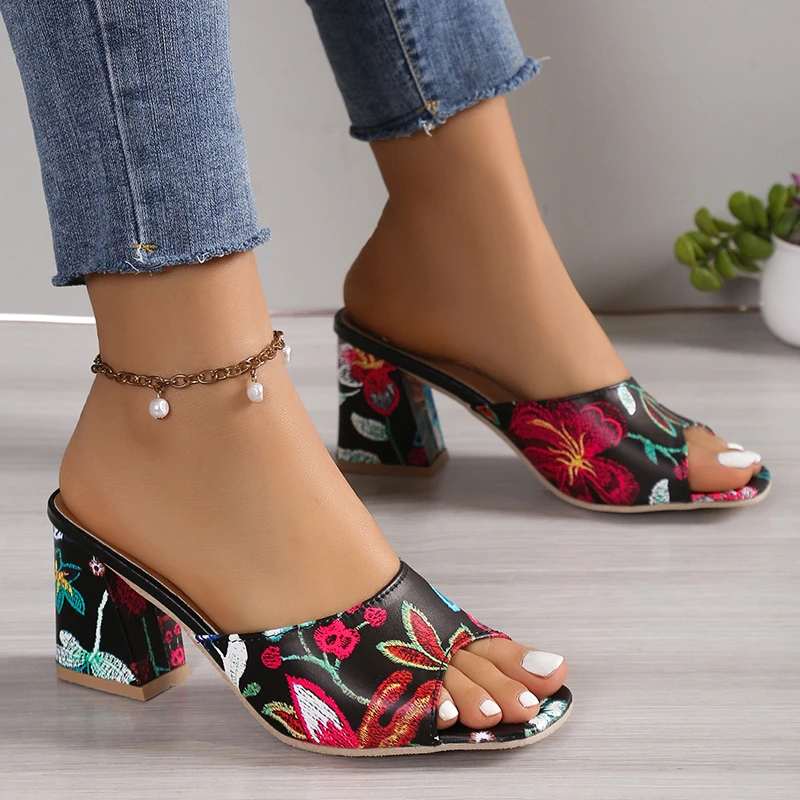 Womens Sandals Printed Summer 2024 New Thick-heeled Popular High-heeled Sexy All-match Half-slippers Open Toe Casual Basic Shoes