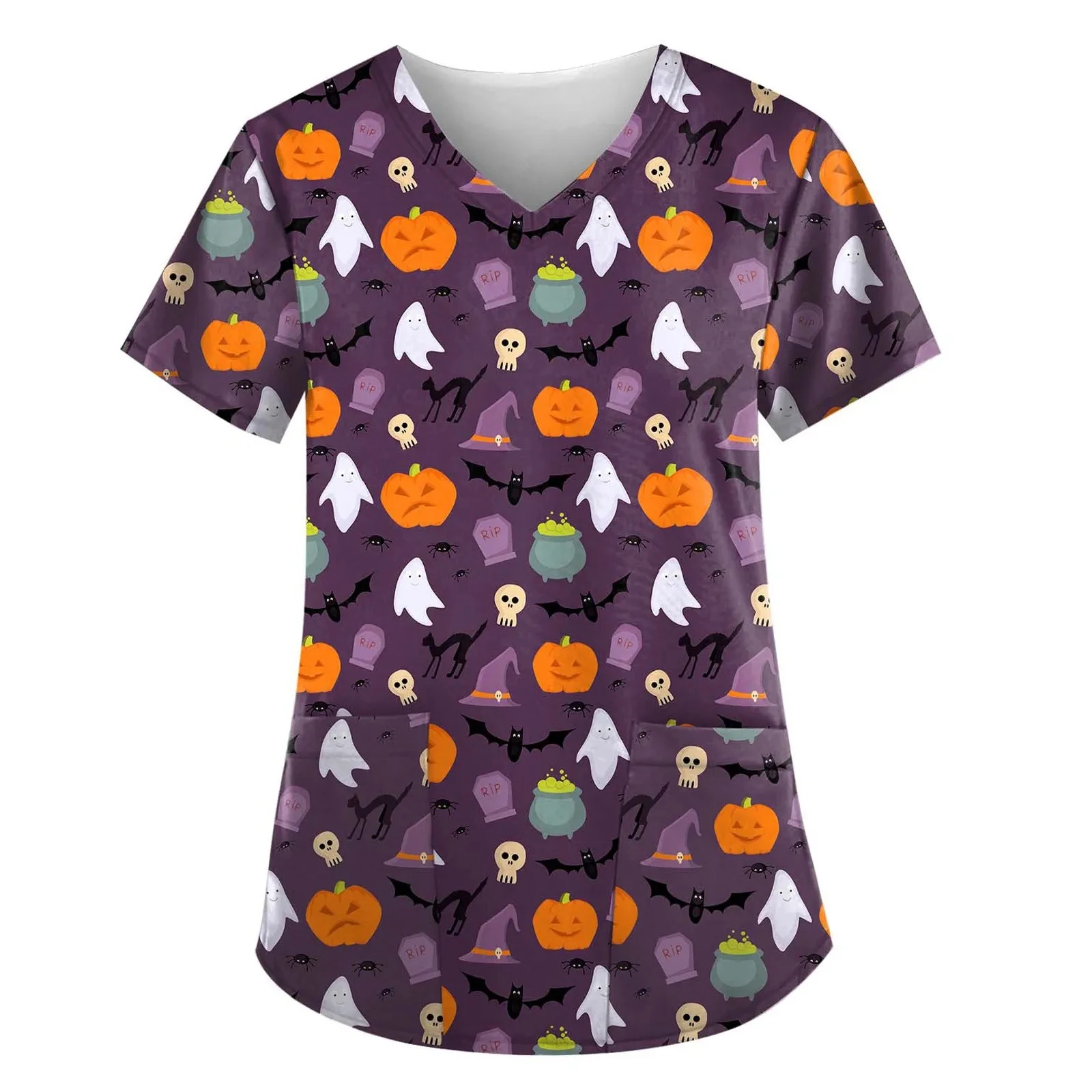 Women's Hospital Uniform Halloween Pumpkin Pattern Nursing Tee V-Neck Short Sleeves Halloween Style Tops Surgical Uniforms Woman