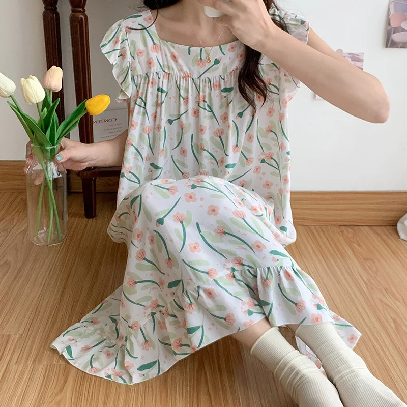 Sleeping Dress Women\'s Summer Nightgowns Thin Cotton Loose Sleeveless Nightdress Sweet Printed Girls Night Wear Home Clothing