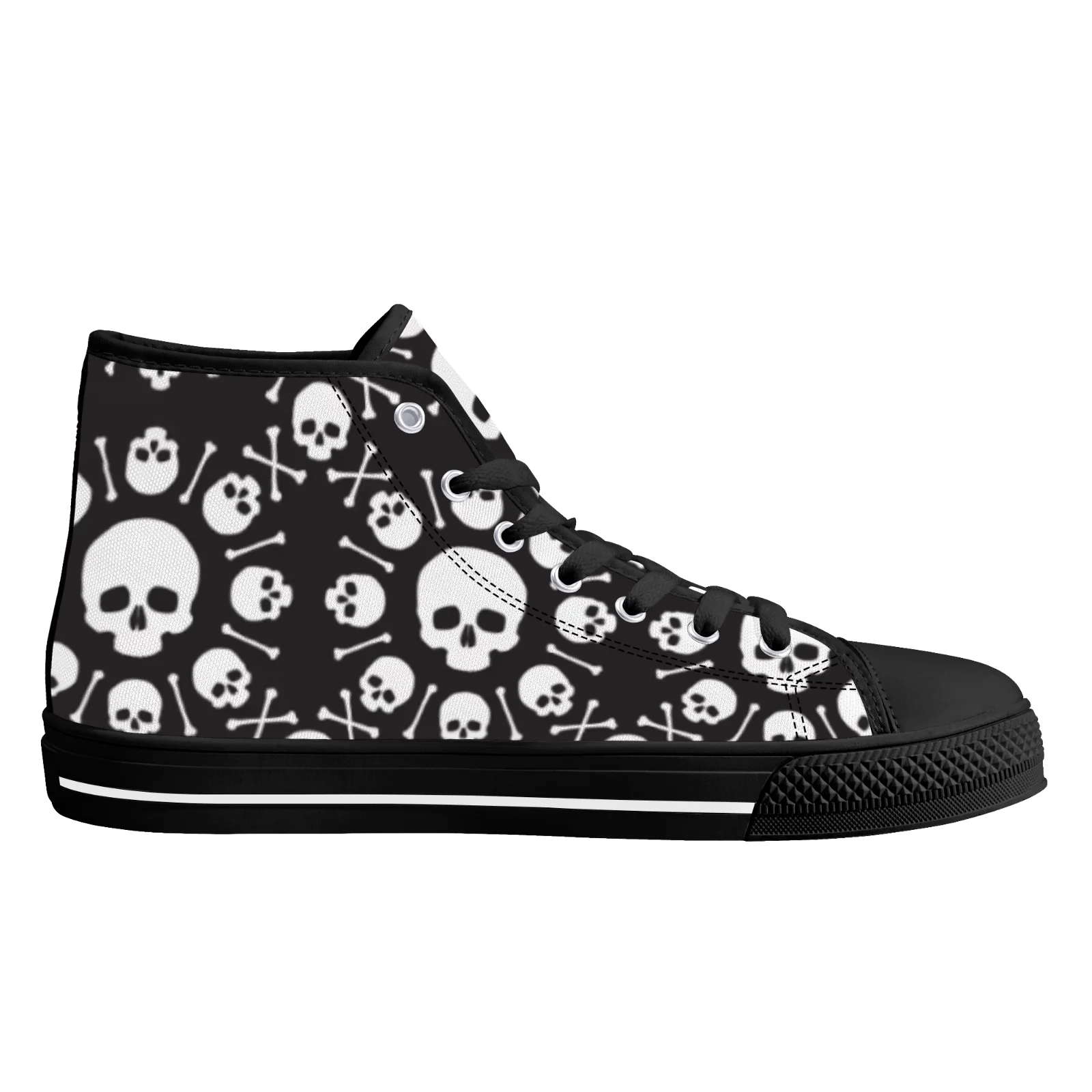 

Street style classic black skull print high-top canvas shoes flat sneakers for men and women lightweight casual shoes