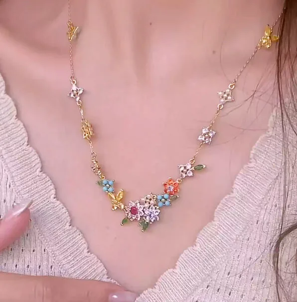 

Color full diamond flower necklace new light luxury niche temperament collarbone chain