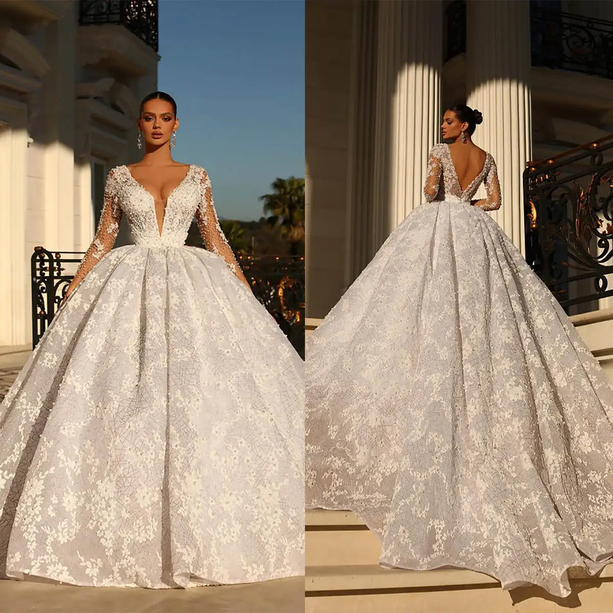 

Exquisite Ball Gown Wedding Dress Pearls Beaded V Neck Off Shoulder Bride Gowns Sheer Long Sleeve Bridal Dresses