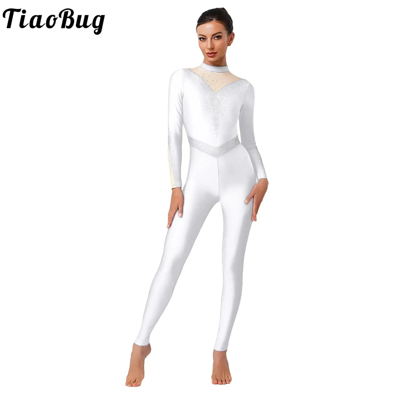 

Women Dance Rhythmic Gymnastics Leotards Full Bodysuits Rhinestones Long Sleeve Zip Jumpsuit for Figure Skating Ballet Dancewear