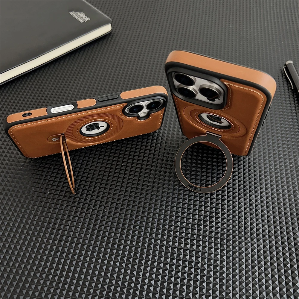 حافظة جلدية فاخرة بحامل مغناطيسي معدني لهاتف آيفون 17 16 15 14 13 12 Pro Max Plus 17Air غطاء شعار مجوف للأعمال