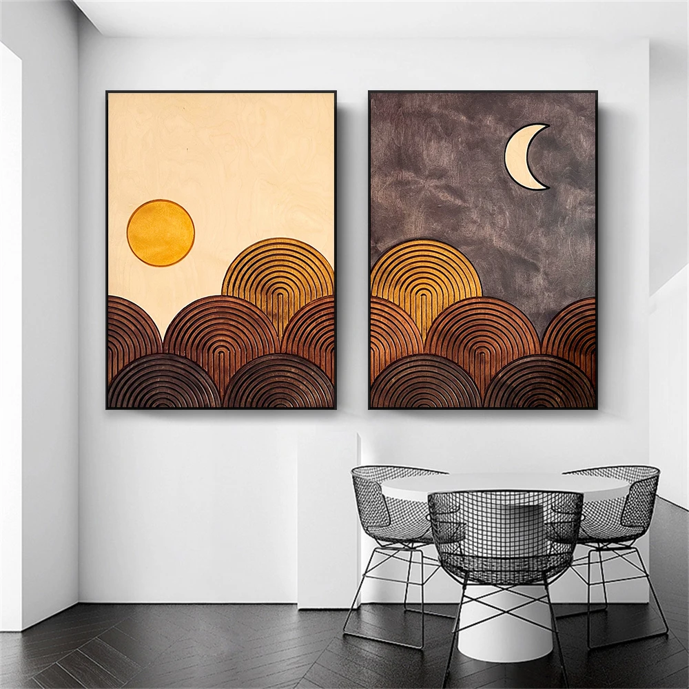 Mid Century Modern Print Abstract Retro Moon and Sun Art Poster Minimalist Yellow Mountain Art Canvas Painting Home Decoration