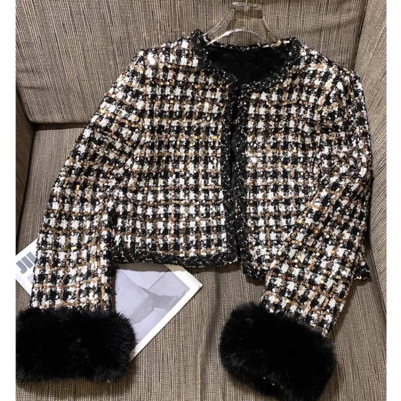 Crop Top Jacket for Women, Fluffy Fake Fur Cuffs Collar, Sequined Plaid Short Coat, Tweed Jacket, Outwear for Autumn Winter, Y2k