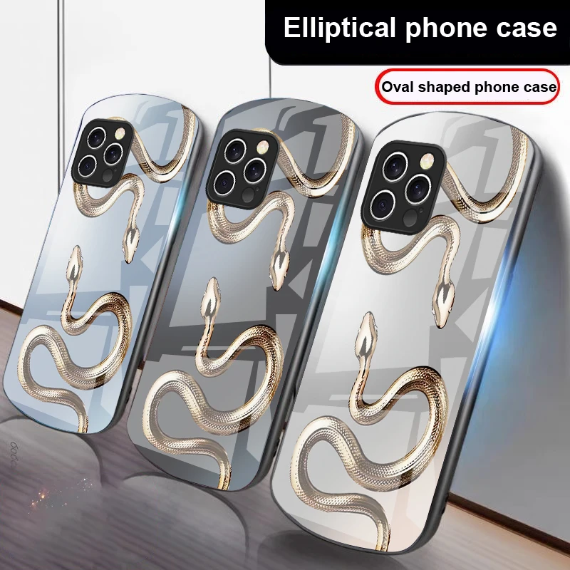 Golden Double Serpents For IPhone 16 Pro Max 15 Pro 14 13 12 Mini 11 XS Max XR 7 8 Plu SE 2022 Elliptical glass phone case