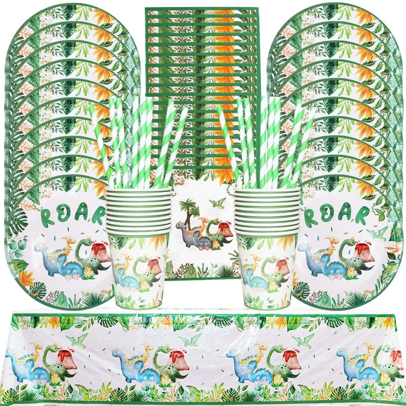 

Dinosaur Disposable Tableware Set Roar Dinosaur Tablecloth Banner Paper Plates Cups Baby Shower Kids Birthday Party Decorations