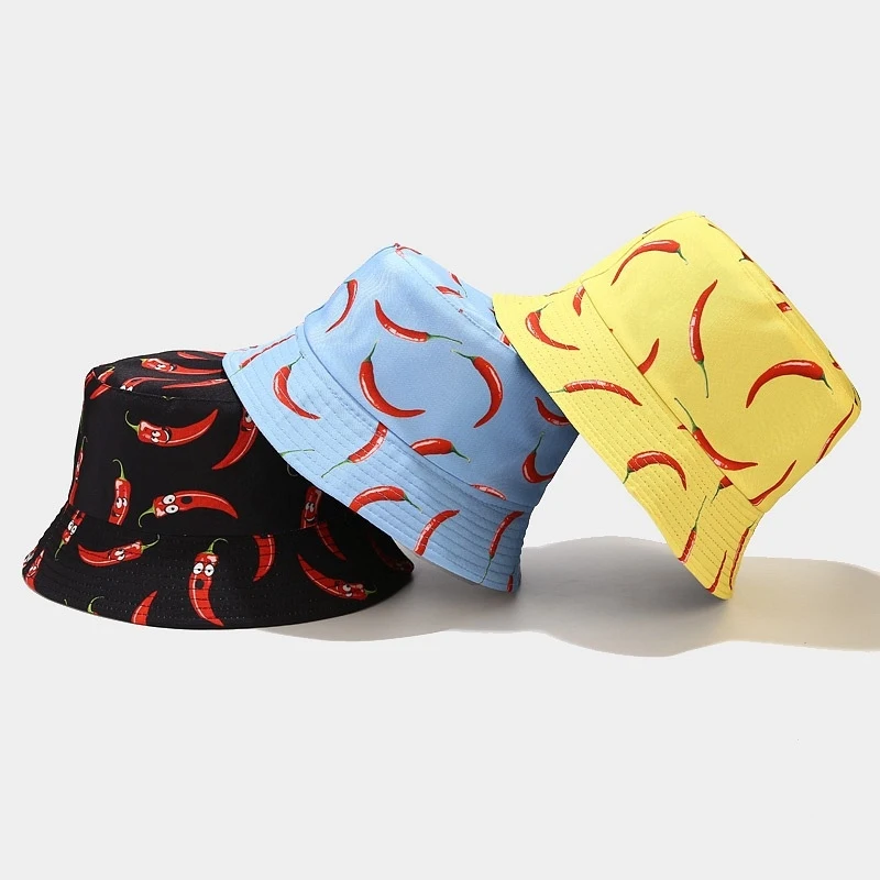 Cartoon Chili Pepper Print Bucket Hat, Reversible Sun Cap, Casual Outdoor Fisherman Hat for Men Women