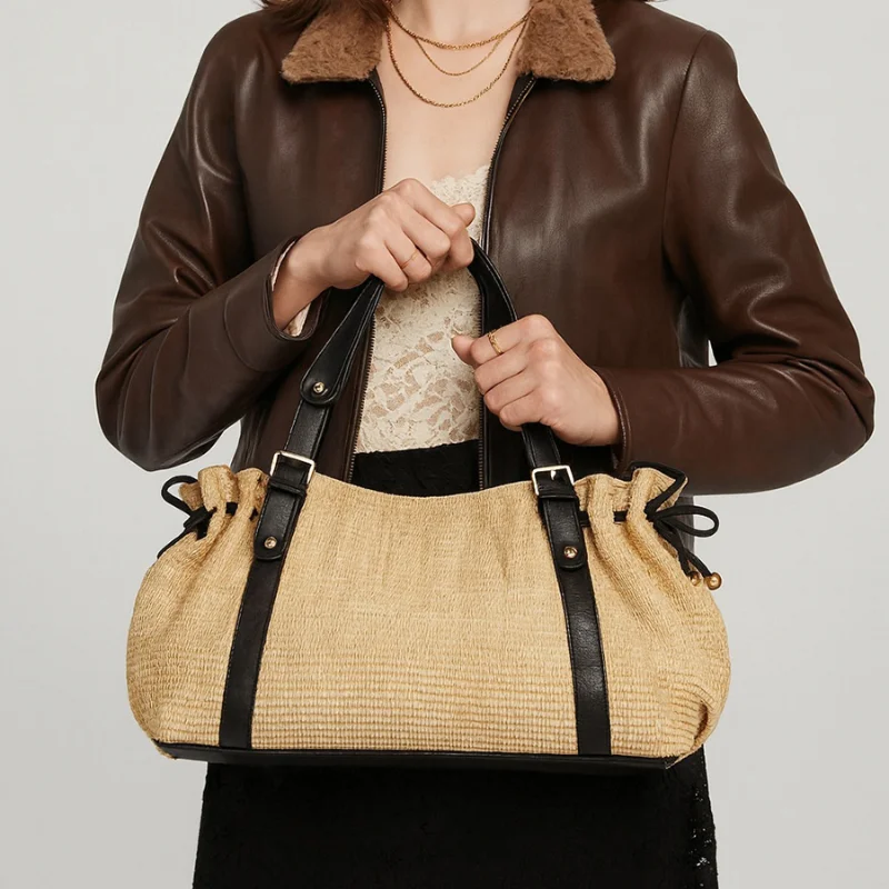 

Кожаная тканая сумка с рюшами на шнурке, женская большая вместительная сумка на плечо для отдыха, пляжная соломенная бежевая сумка-тоут для поездок на работу под мышками