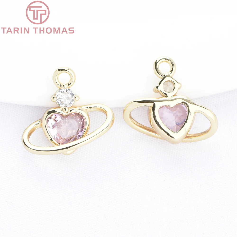 (9678) 4PCS 12x11.5MM 24K Gold Color with Zircon Planetary Ring Heart Shaped Pendants Hight Quality DIY Jewelry Making Findings
