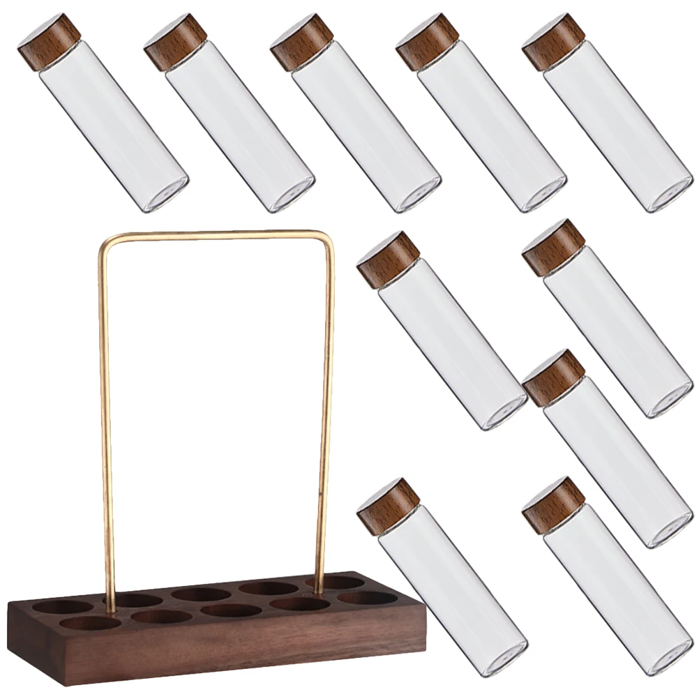 

10 Holes Walnut Wood Base Coffee Bean Storage Tubes Glass Containers Spices Herbs Preservation Display Stand Set Kitchen Bar