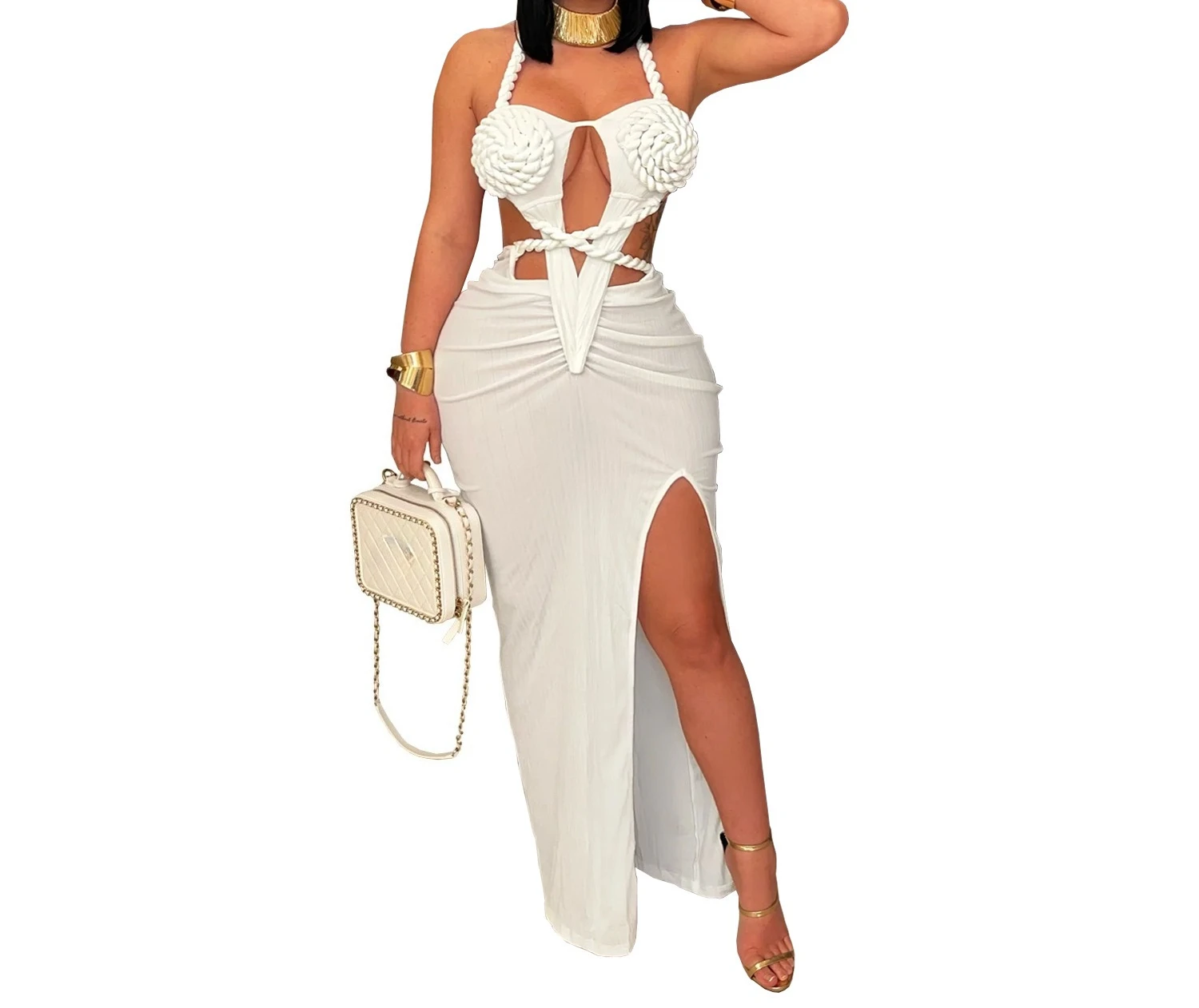 Robe d'été Sexy pour femmes, Maxi, découpée, froncée, Orange, col licou, dos nu, fente haute, jupe de fête, anniversaire, 2025