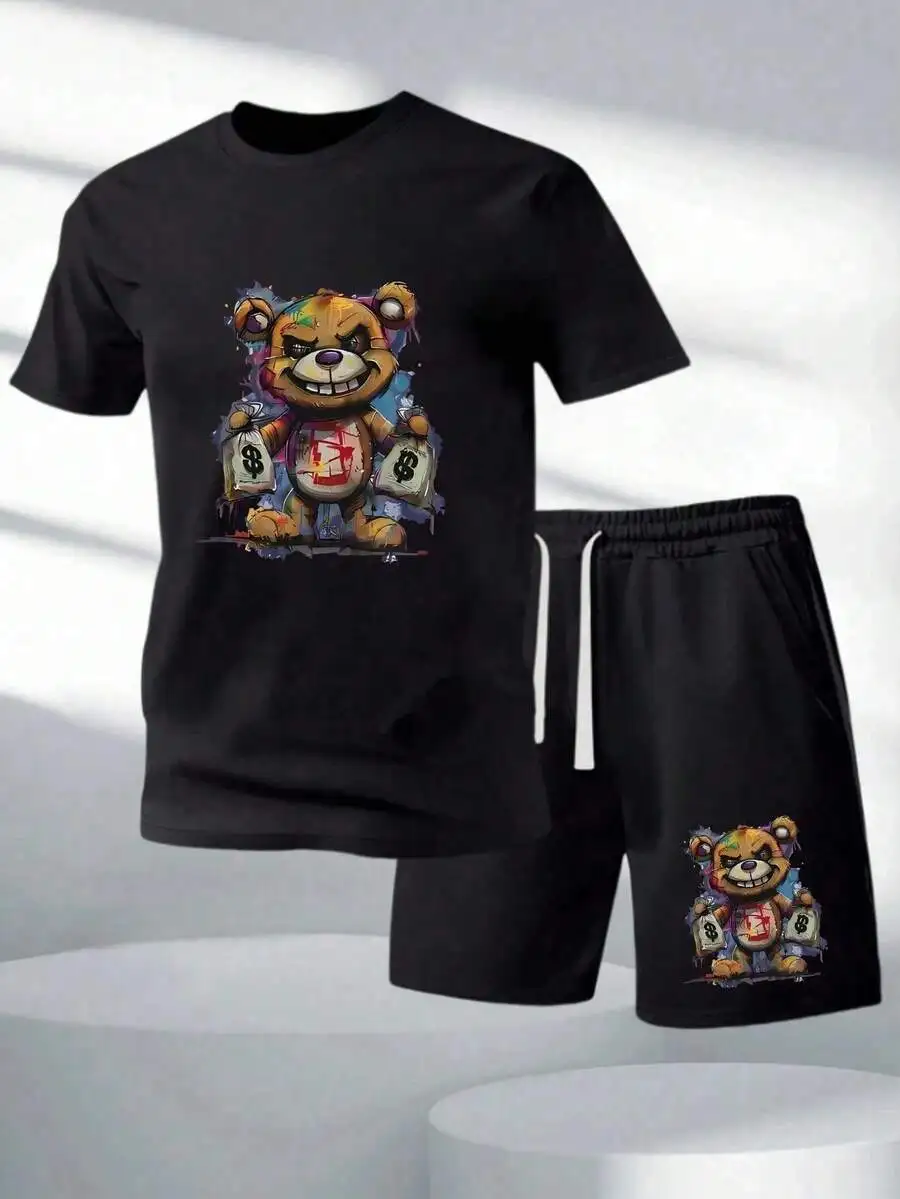 2pcs Men Creative Streetwear Print T-Shirt & Shorts Set Colorful Bear With Money Bags And Cross Pattern Print Casual Wear Soft view 3