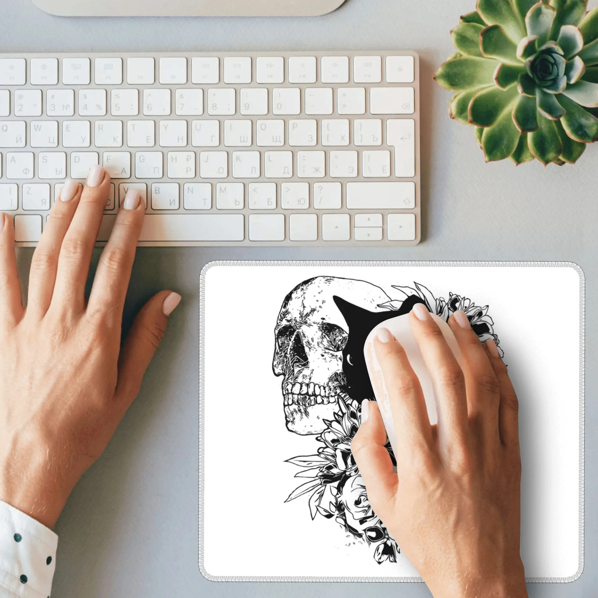Skull and Black cat with peony Mouse Pad Computer Keyboard Mouse Mat Gamer PC Laptop Desk Mat Office Accessories Table Mats