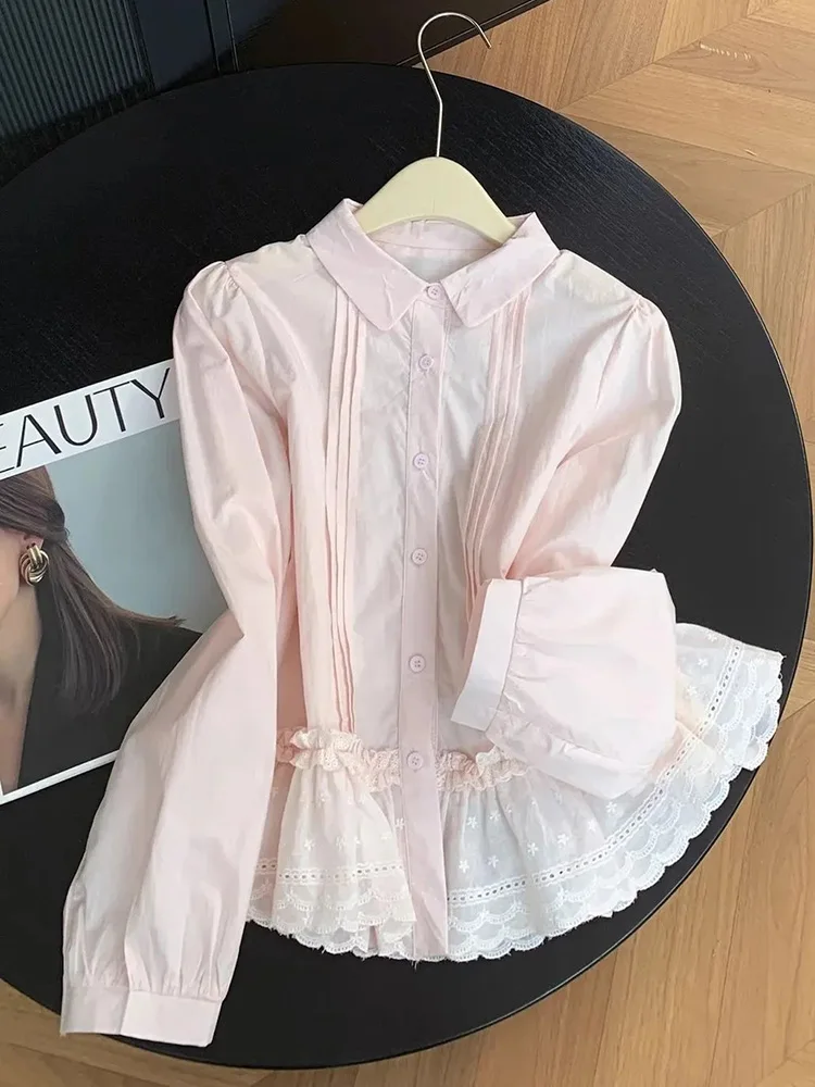 

Новая женская блузка Sweet Pink с кружевными вставками, длинным рукавом, приталенная, милая, в японском стиле Kawaii, с воротником Питер Пэн, весенняя мода