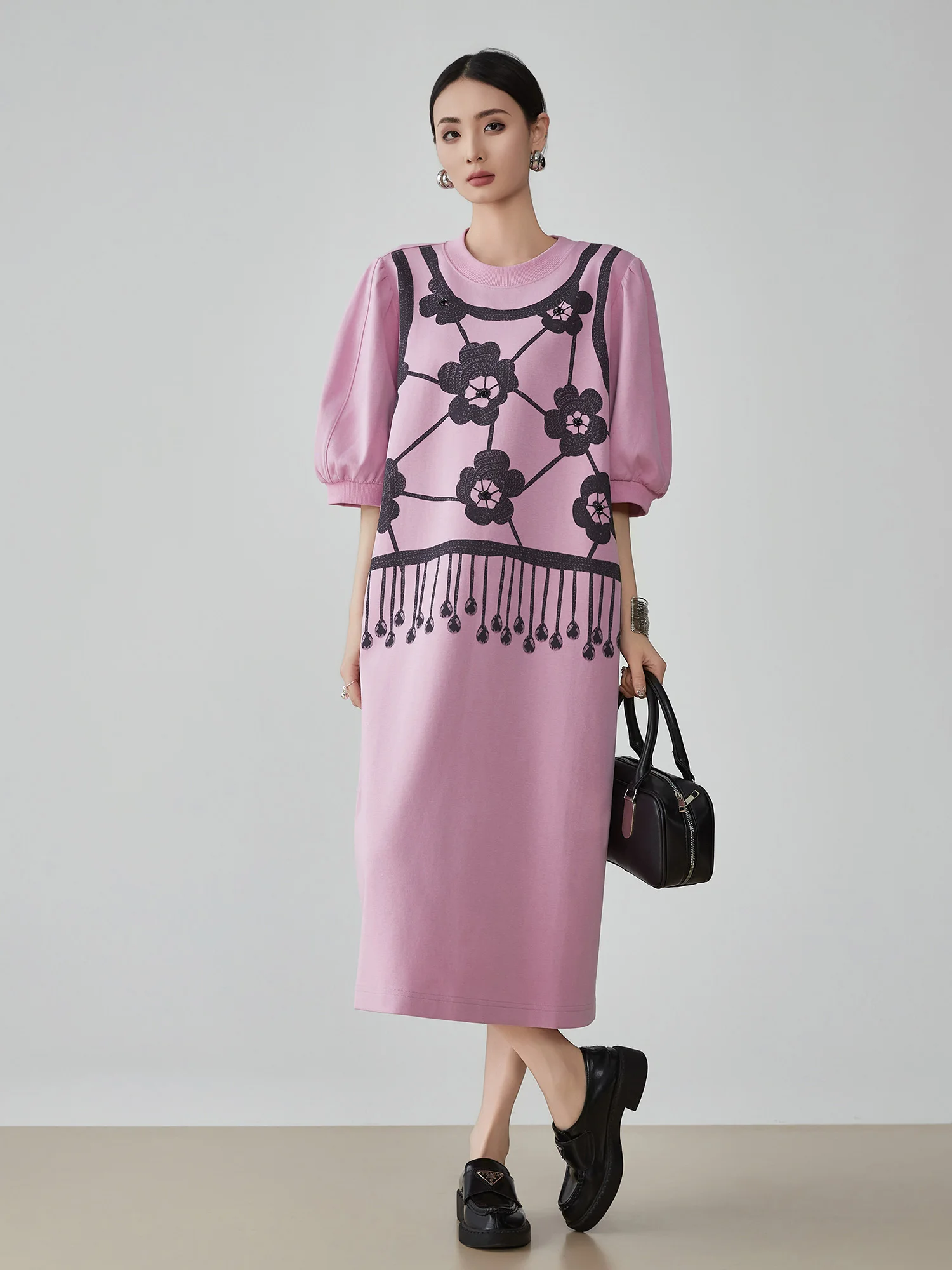 Thai Sle Bubble Sve rose rétro faux deux pièces T-shirt Dr décontracté jupe longue ample femmes Faion été fibre de Polyester