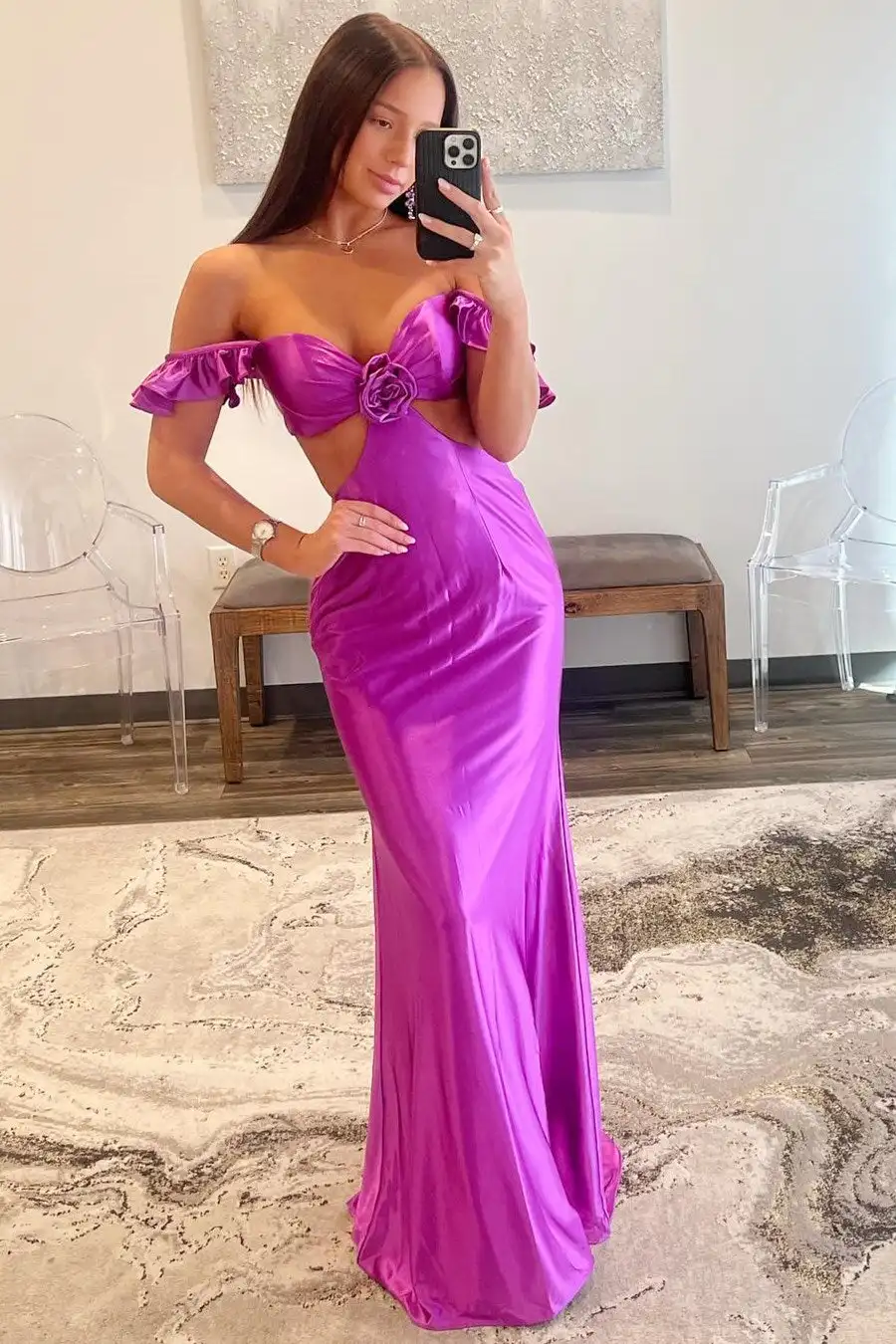 

Flutter Sleeve Cutout Mermaid Fitted Gown Satin Prom Gown Wedding Party Gowns Sleeveless V-Neck Floor Length Party Dress