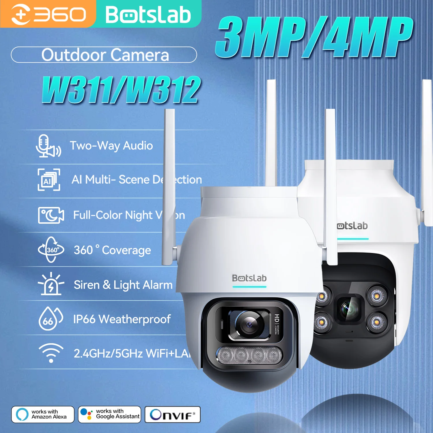 Botslab 3MP/4MP HD Indoor/Outdoor Cam Wireless PTZ WiFi IP66 Smart Home Cam Siren and Light Alarm Full Color Night Vision Cam