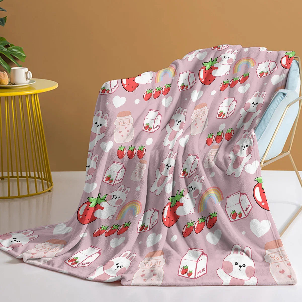 

3d Print Blanket The Rabbit with The Strawberry Blanket Milk Bottle and Rainbow Love Heart Throw Blanket for Couch Sofa Bed