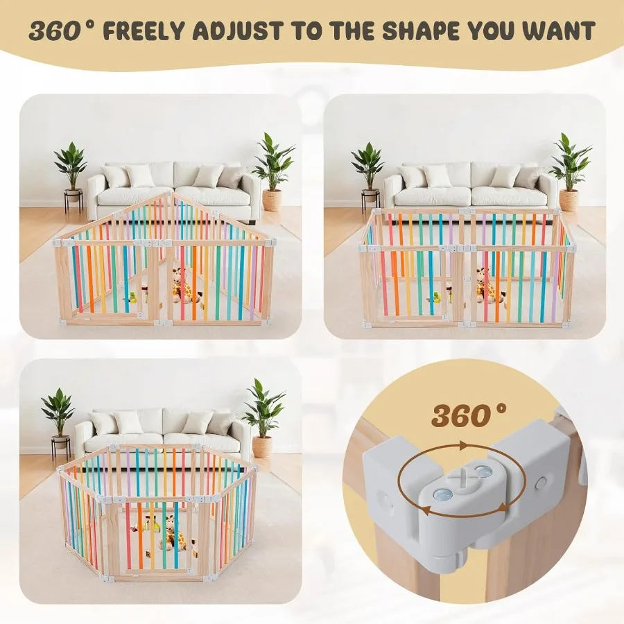 Baby Wooden Playpen Foldable Shape and Size Adjustable Playpen for Toddler and Babies Wood Baby Play Yard with Locking Gate Lar