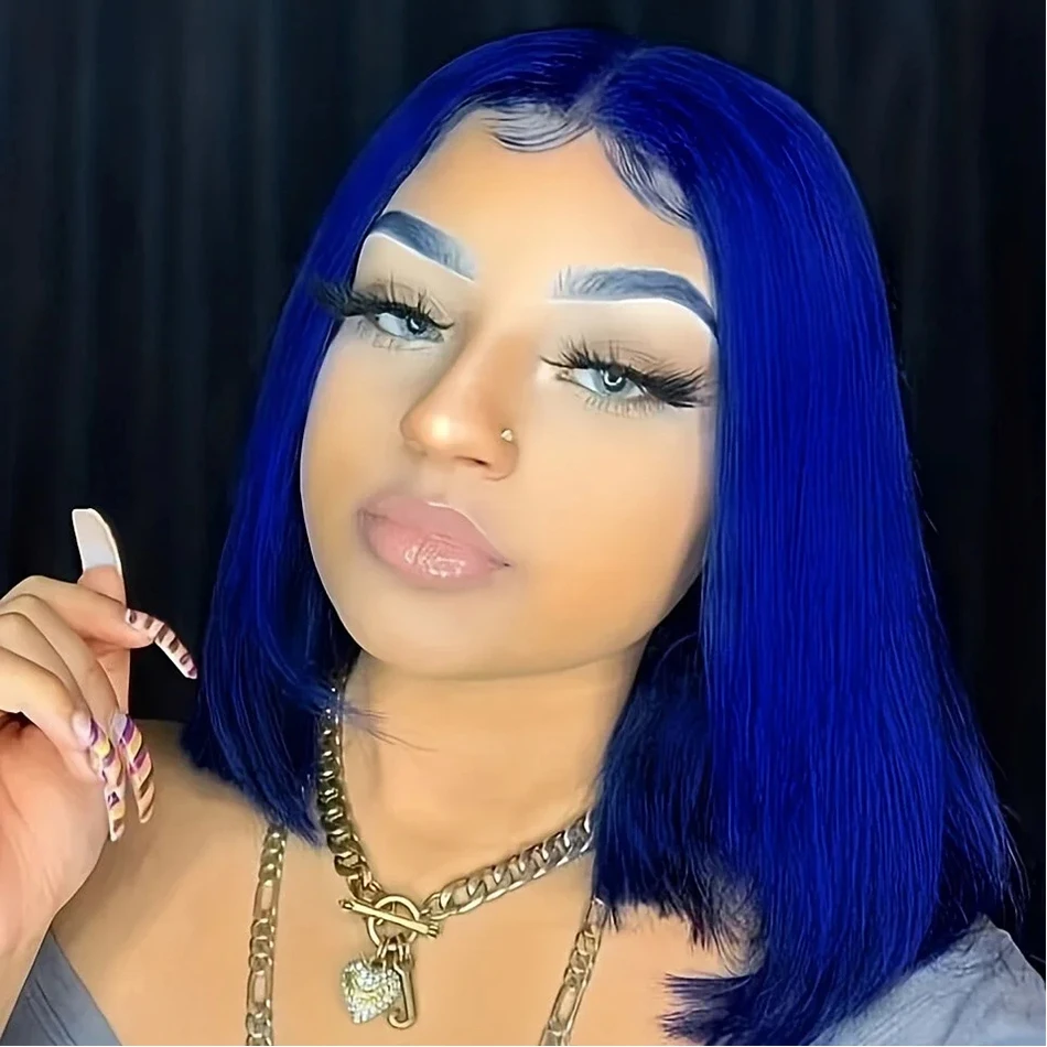 Short Bob Wig Bone Straight 13x4 Lace Front Human Hair Wigs Brazilian Natural Hairline Blue Colored Cut Bob Wigs for Women