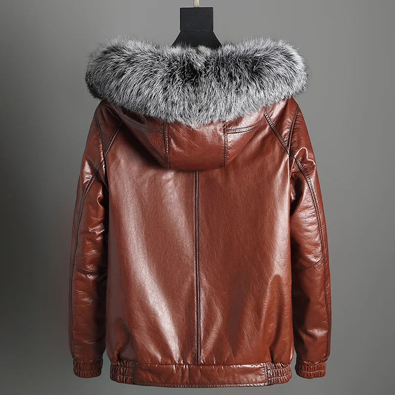 Fashion Mink Fur Liner Parka Mens First Layer Cowhide Leather Coat Male Hooded Shearling Clothes