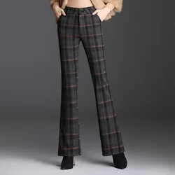 Urząd Lady jesienno-zimowa pogrubiona wełna spodnie Flare Streetwear moda damska wysoka talia Plaid Casual luźne spodnie z szerokimi nogawkami 2022
