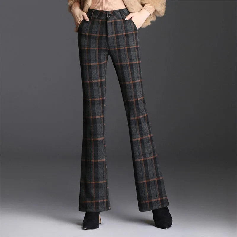 Urząd Lady jesienno-zimowa pogrubiona wełna spodnie Flare Streetwear moda damska wysoka talia Plaid Casual luźne spodnie z szerokimi nogawkami 2022