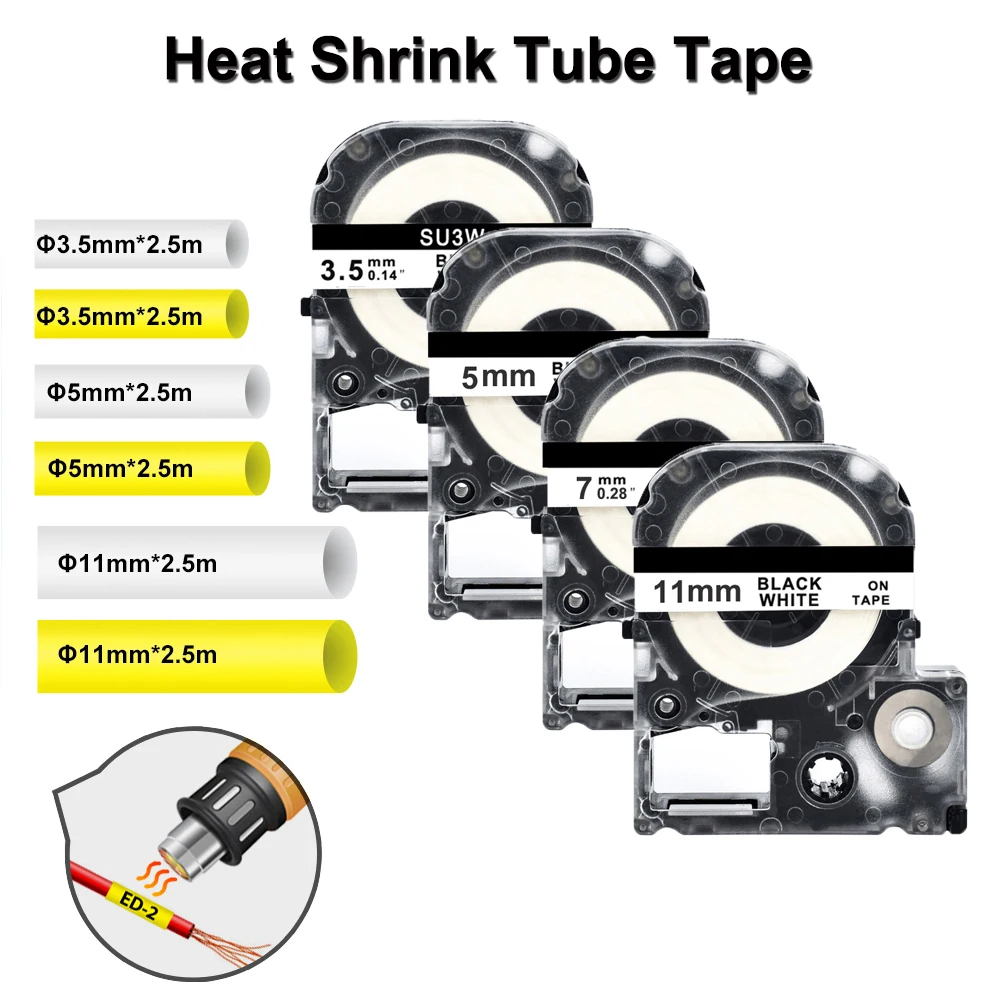 

1pcs 3.5mm/5mm/7mm/11mm Heat Shrink Tube label Tape Compatible SU5S SU11S SU5Y SU11Y SU3W for Epson LW300 LW700 Label Maker