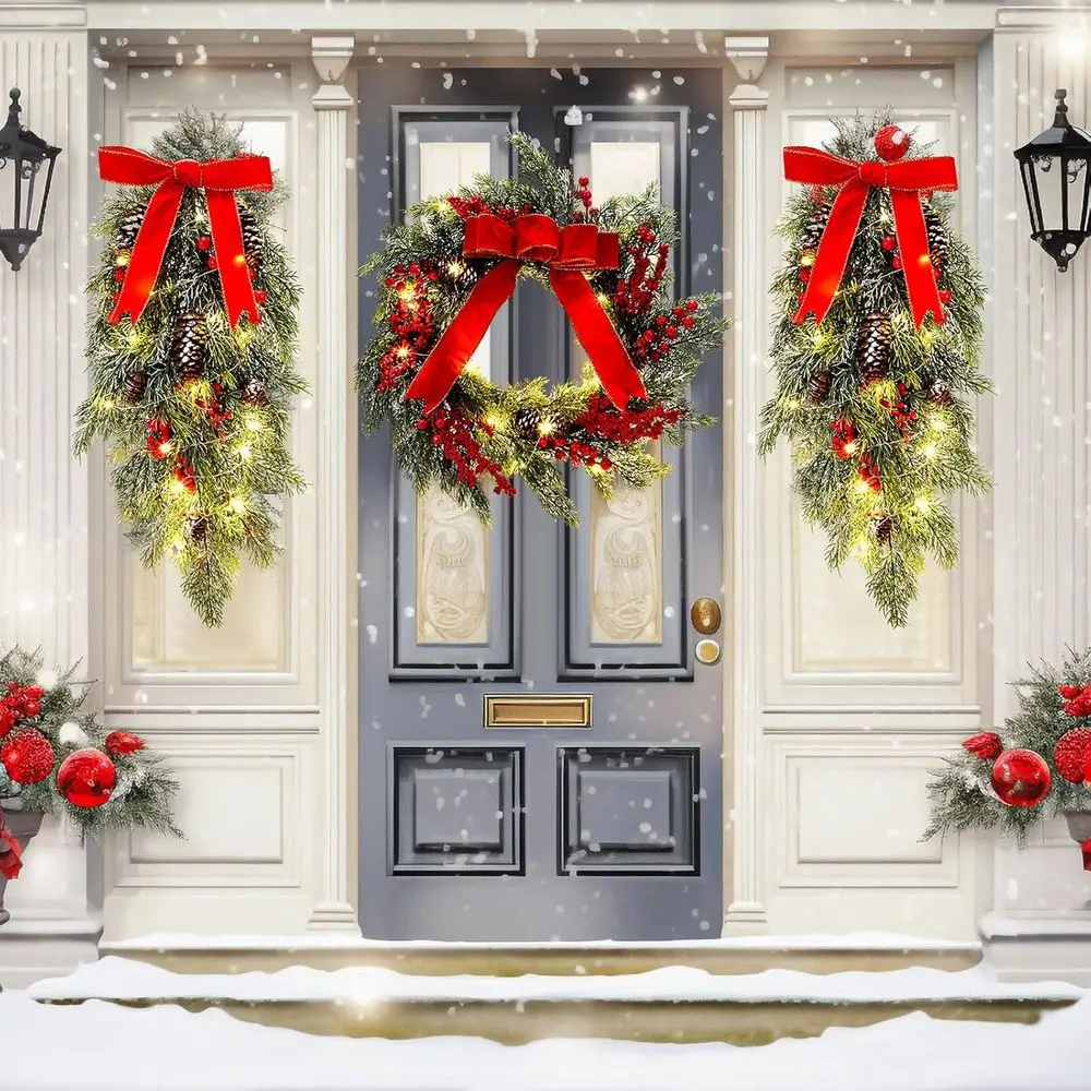 مجموعة 24 إكليل عيد الميلاد الاصطناعي المضاء مسبقًا مع الصنوبر والسرو والأقواس والتوت لديكور العطلة الخارجية #6