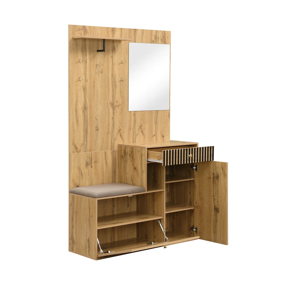 PINGGO Kompaktes Garderoben-Set mit Spiegel und Kissen, Flur-Wandregal, Garderobenpaneele, Schuhschrank für Flur-Aufbewahrung – Detail 14