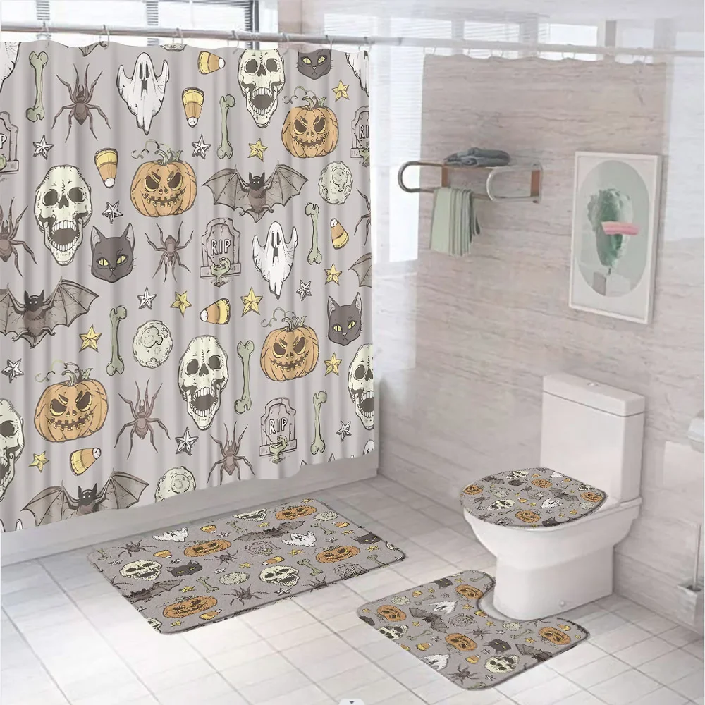 Vintage Halloween Shower Curtain Set Gray Creepy Gothic Skeleton Skull Bat Scary Spooky Fabric Screen Bath Mat Rug Toilet Cover