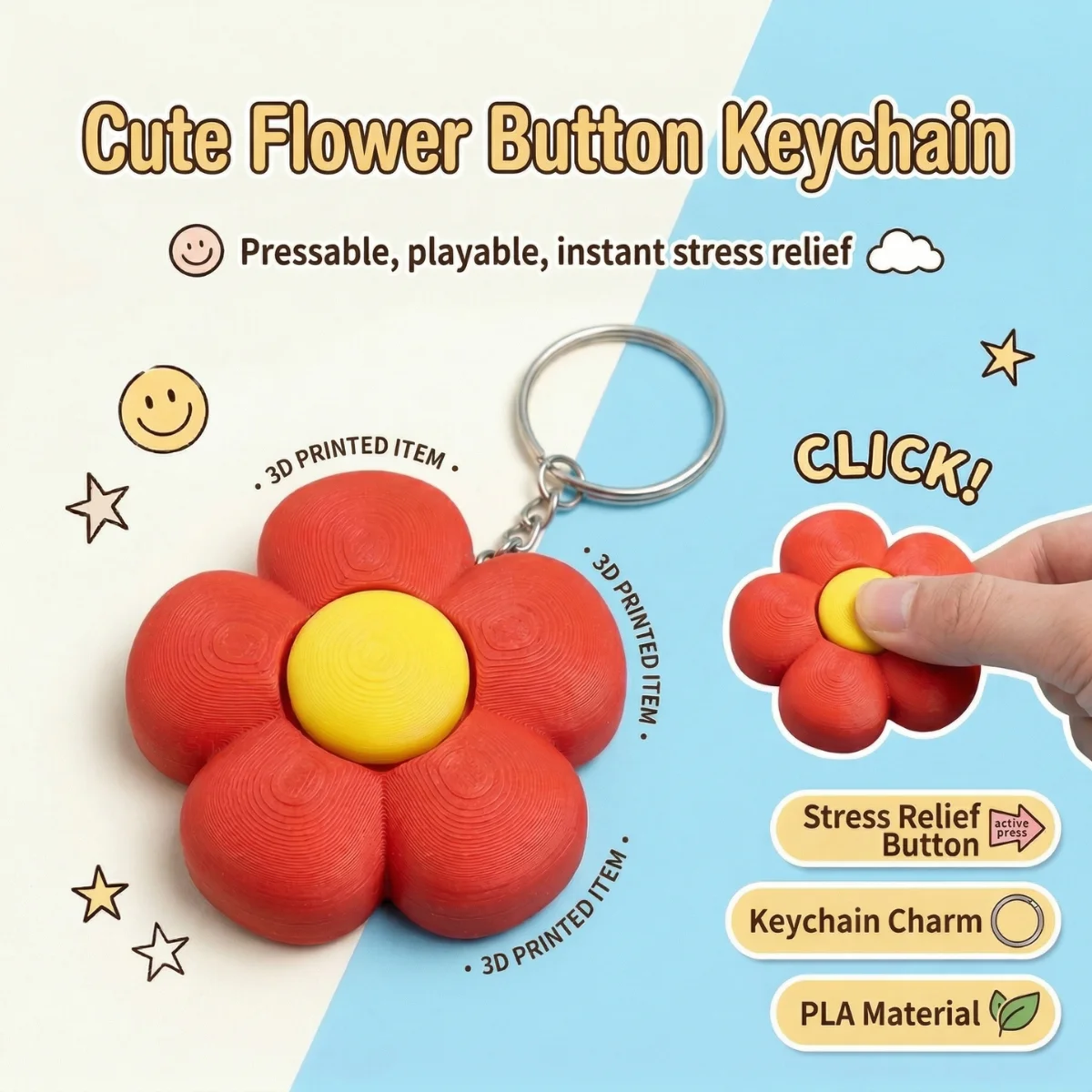 Flower Button Fidget Keychain, Stress Relief ASMR Toy，1 Pack 6cm 3D Printed PLA
