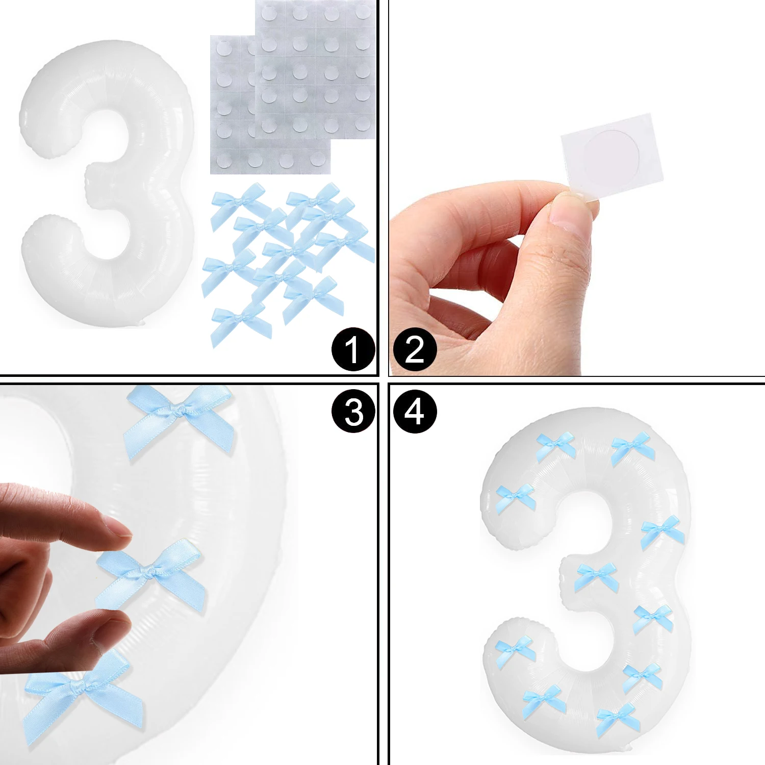32-inch white aluminum foil digital balloon+10PCS Sky blue bow set, birthday party decoration, large size 0-9